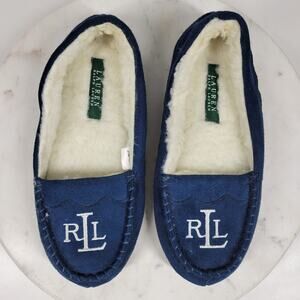 LRL Ralph Lauren Womens Moccasin Slippers 6.5-7.5 Navy Embroidered Monogram New
